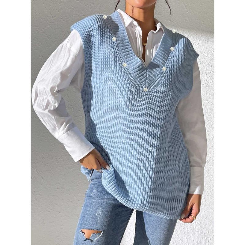 Women's Autumn and Winter V-Neck Simple Beaded Woven Sweater Vest