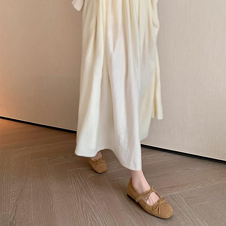 Cowhide version~ Fairy wind shallow mouth 4cm inner height increase French bow flat Mary Jane ballet shoes women's single shoes