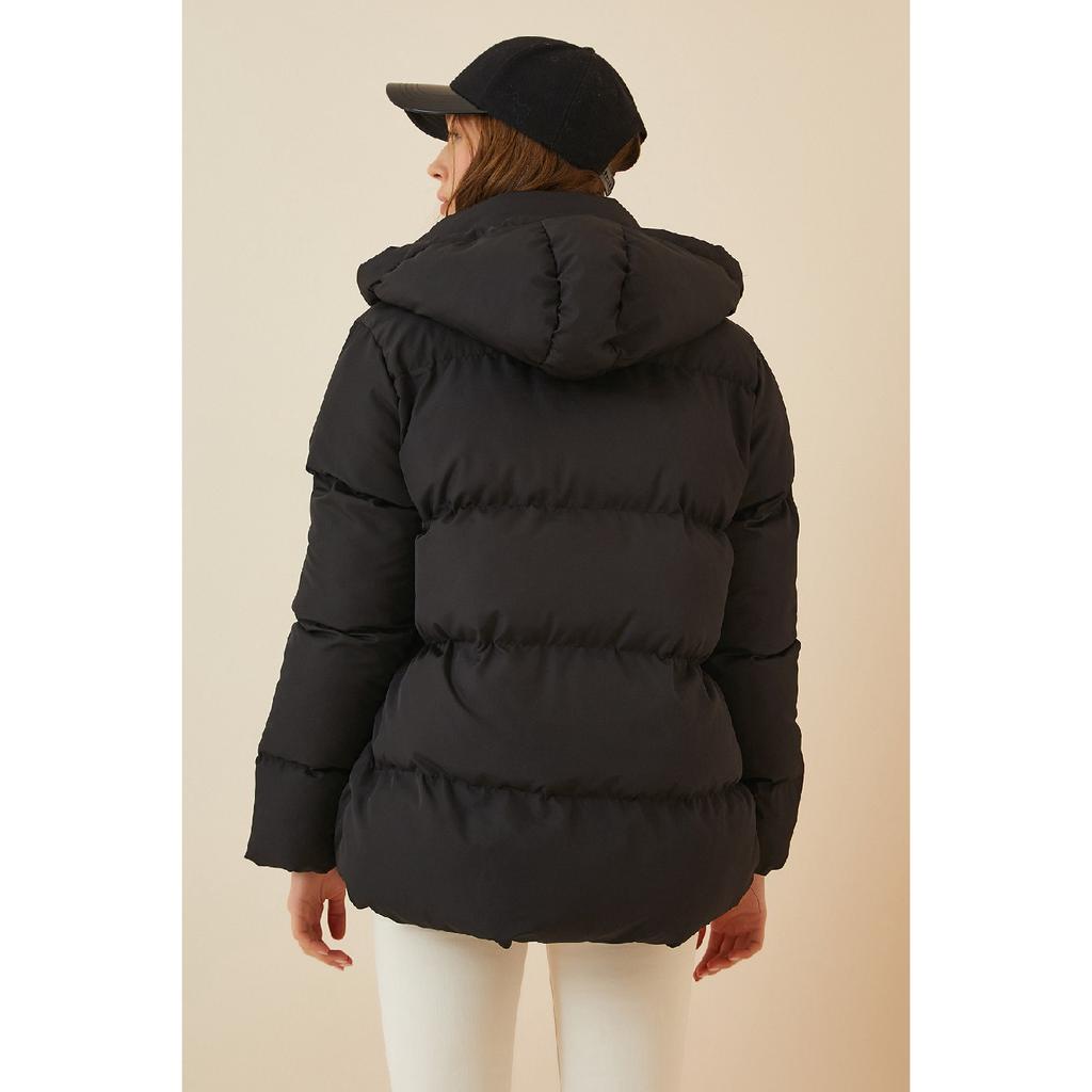 Schwarzer Oversize-Puffermantel mit Kapuze für Damen Rv00001