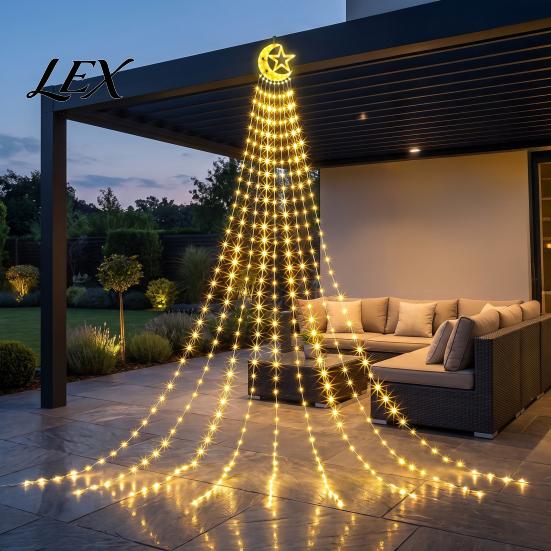 Reusable Holiday Garden Lighting Solar Christmas Tree Waterfall Light, 11.5FT 346 LED Powered String Light Durable Waterproof Strips with Star