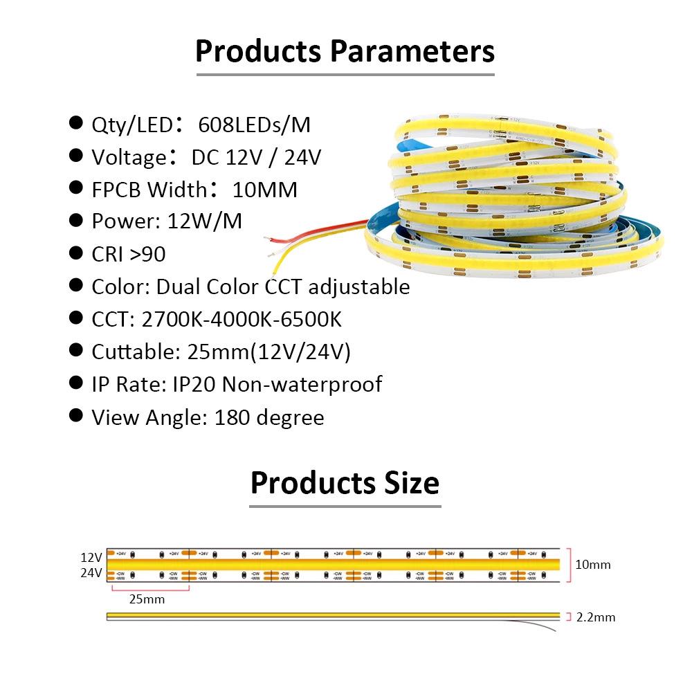 Dual Color Temperature COB LED Strip Light, 12V/24V, 608 LEDs, 5-10mm Wide, No Spotting, Cabinet Line Light.