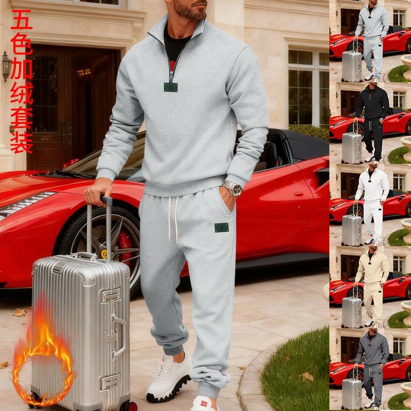 Mens Winter Thickened Fleece-Lined Casual Hoodless Jacket Pants Set Loose Fit Urban Style