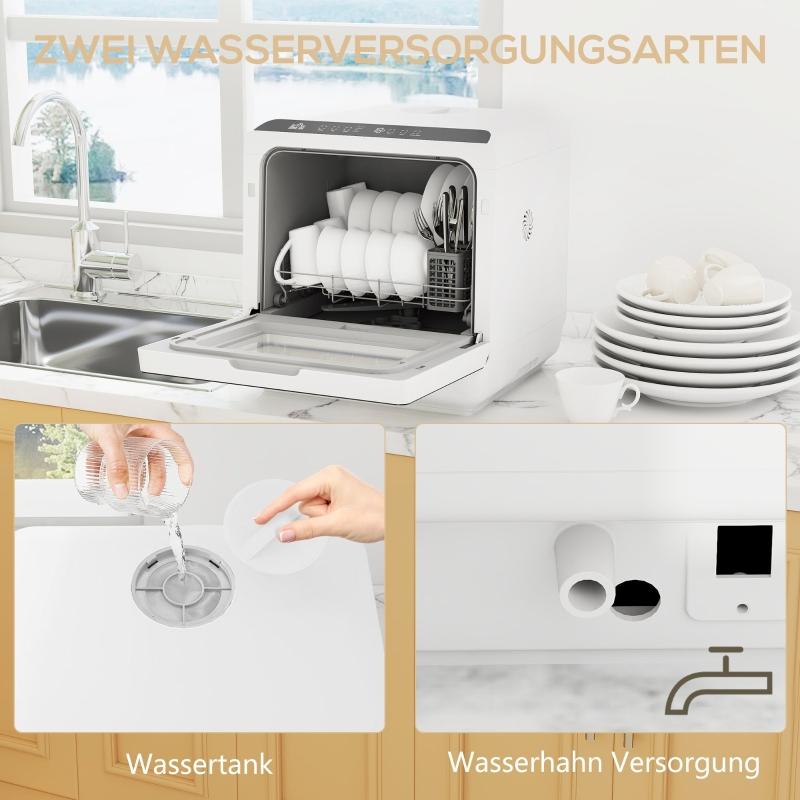Tischgeschirrspüler, Mini-Geschirrspüler mit 6-Liter-Tank, 5 Programme, LED-Anzeige, Trocknungsfunktion