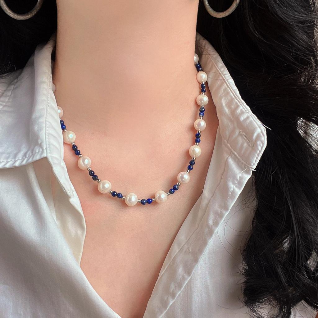 Wind Retro Natural Freshwater Pearl Lapis Lazuli Design Sense Collarbone Chain Necklace Neck Chain