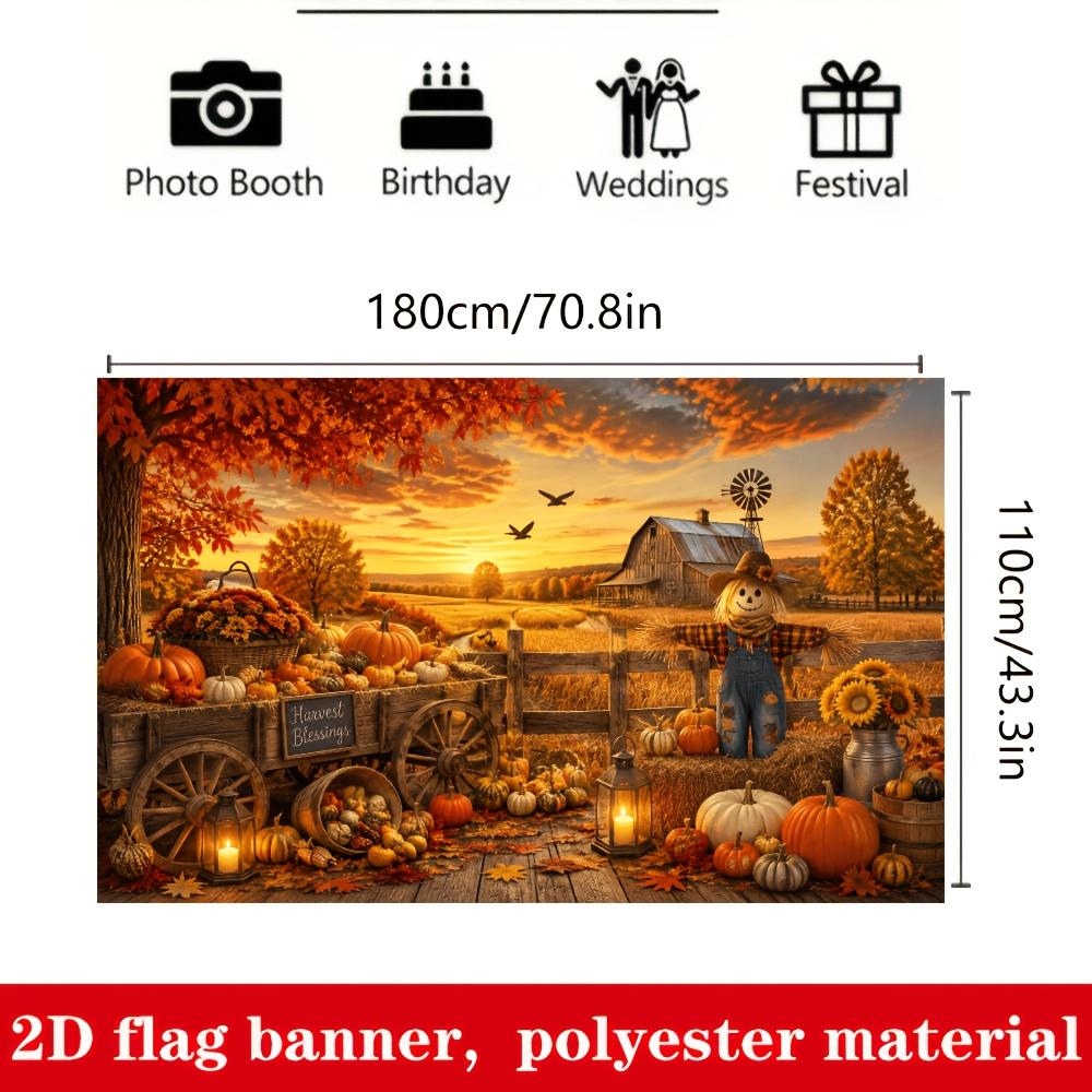 2D Flat Banner - 1 piece of background fabric. Autumn Harvest theme background fabric presenting the scene of a farm in autumn.