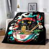 Black Cat Eating Ramen with Headband Print Flannel Blanket, Japanese Anime Style Throw Blanket
