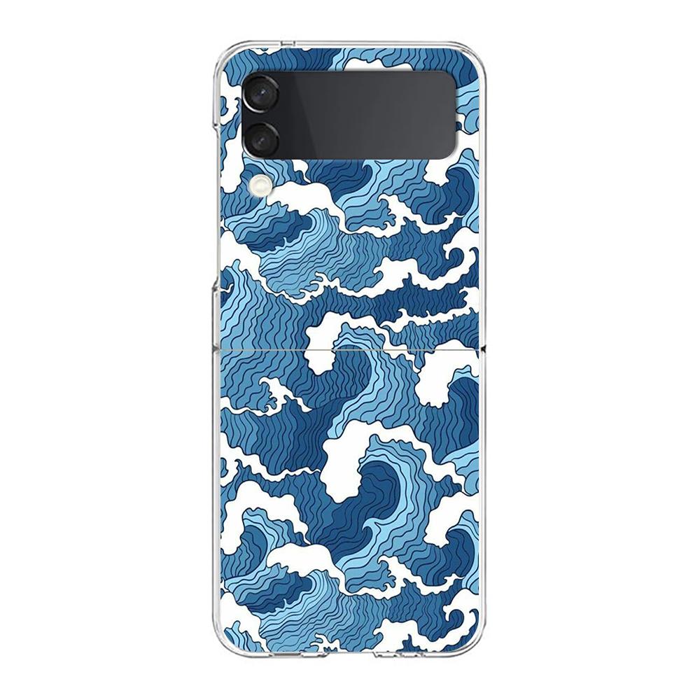 Transparent Phone Case For Samsung Galaxy Z Flip 3 4 5 6 7 Hard Folding PC Z Flip3 Flip4 Cover Cute Blue Pattern