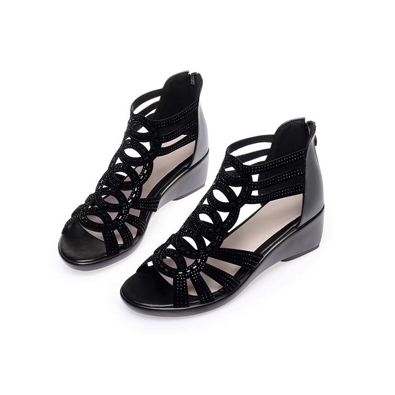 

Летние ботильоны из ПУ кожи с открытым носком, модные, со стразами, на высоком каблуке, 2025, с вырезами, женские сандалии 40 чёрный