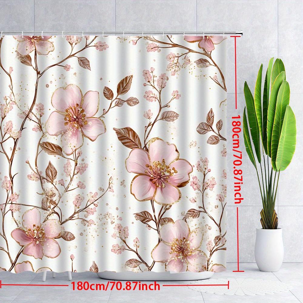 1 Vintage Květinový Sprchový Závěs s Květy v Růžovém Odstínu a Zlatým Lemováním - Elegantní Vzor Hnědých Větví, Polyesterová Tkanina