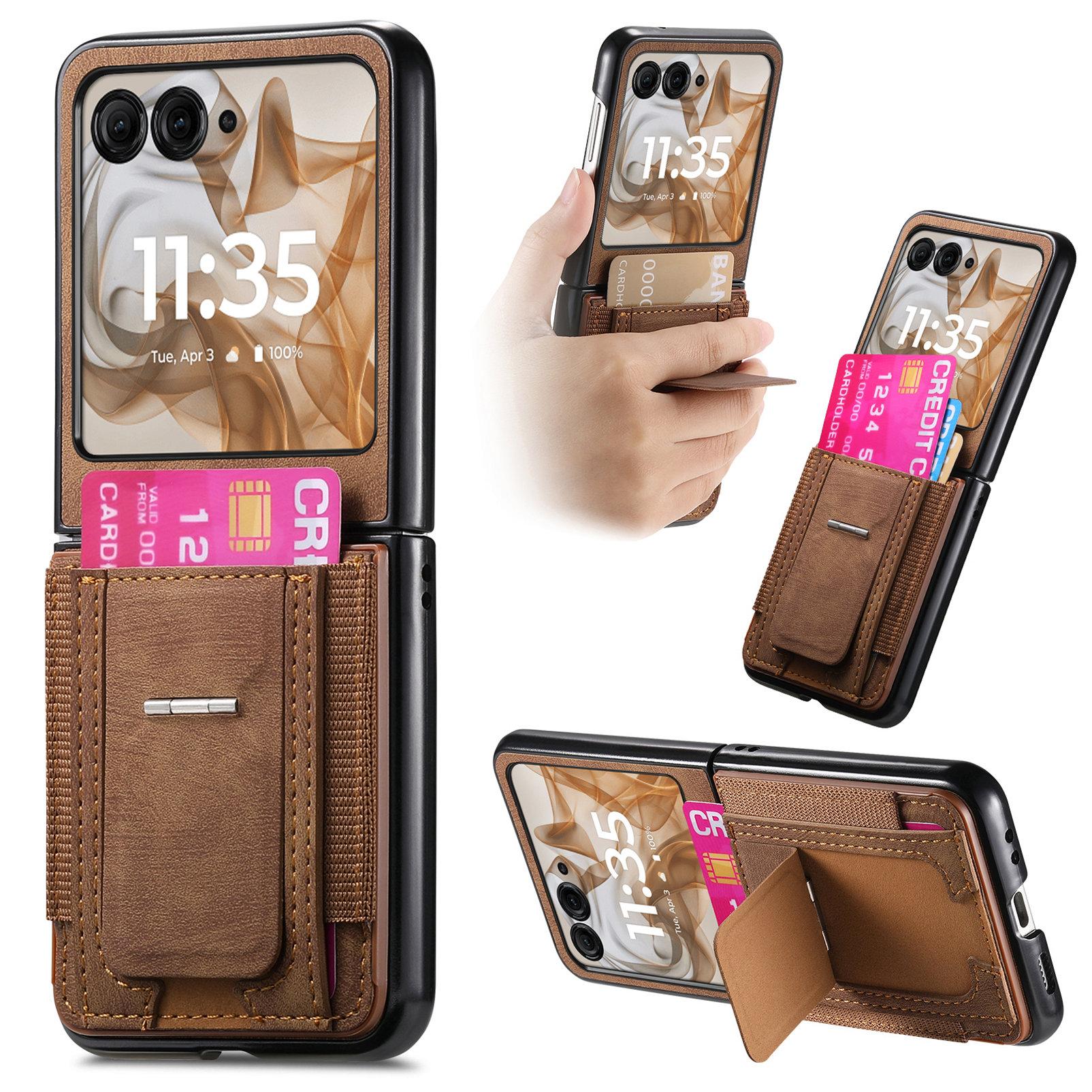 

For Motorola Razr 50 5G Case Kickstand Retro Leather Back Cover with Card Holder Brown
