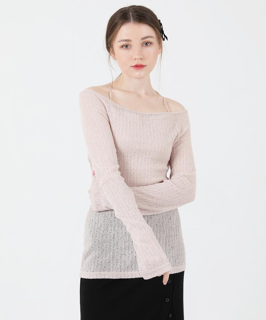 CATTLINE See-Through Back Slit Long Sleeve Knit (Beige)