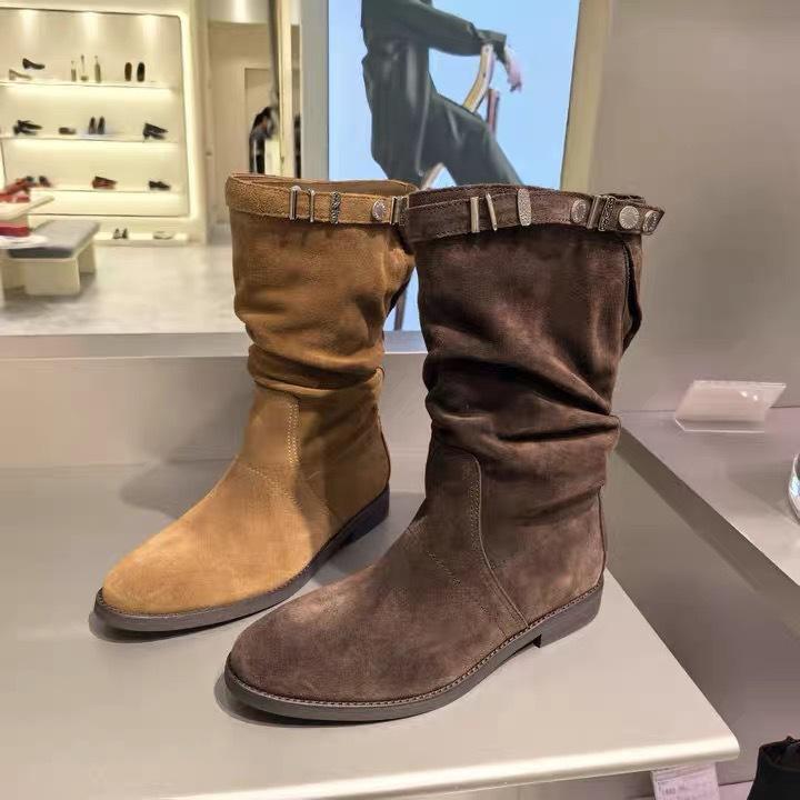 Cowhide Edition~ Wilderness Pastoral Vintage Western Boots 2025 Autumn and Winter Atmosphere Brown Versatile Flat Folded Stacking Boots