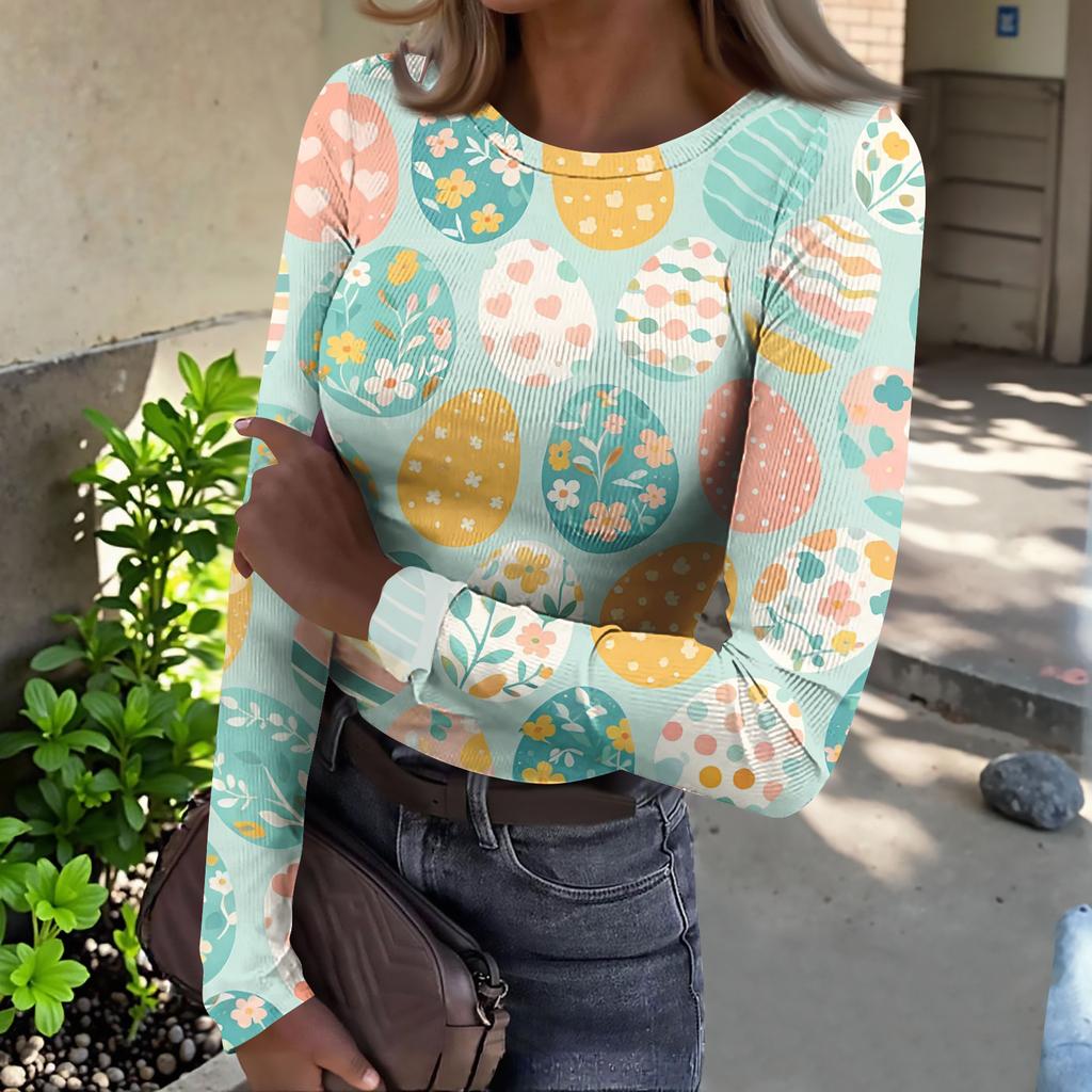 Women's And Winter Slim T-shirt Fashion Casual Printing Round Neck Pullover Long Sleeve Top