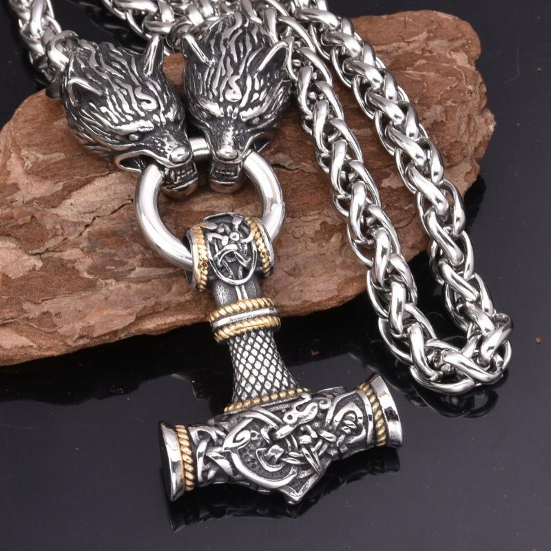 Viking Style Wolf Head Hammer Pendant Necklace With Runes For Men