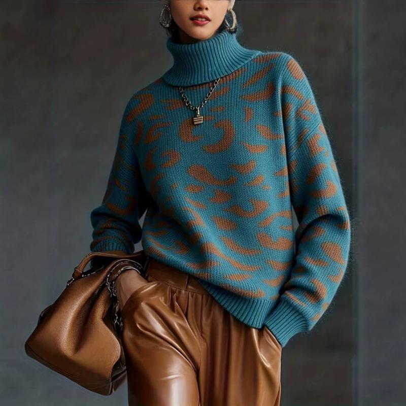 Women Loose Leopard Print Turn Down Collar Long Sleeve Pullover Knit Sweater