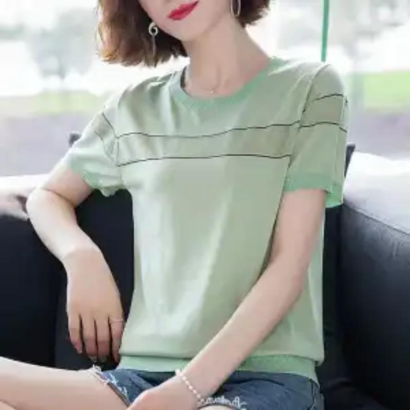 Elegant Fashion Loose Pullovers Casual Round Neck Simplicity Short Sleeve Solid T-Shirts Patchwork Thin Spring Women's Clothing