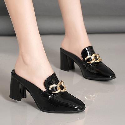 Pantofole da Donna Ciabatte da Esterno Mules Moda Estiva Morbide Eleganti Tacco Medio Lusso PU Gomma Fibbia Autunno Scarpa Femminile Copridita