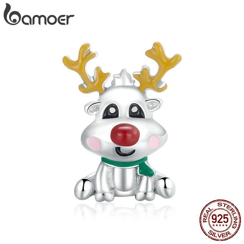 Bamoer 925 Sterling Silver Red Enamel Santa Claus Bead, Cute Snowman Charm Christmas Tree Pendant, Best Christmas Gift for Family