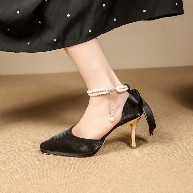 Fashion Women's Sandals Summer New Pointy Matte Ribbon Beaded Heels Fashion Temperament Skinny Heels Wedding Party Single Shoes