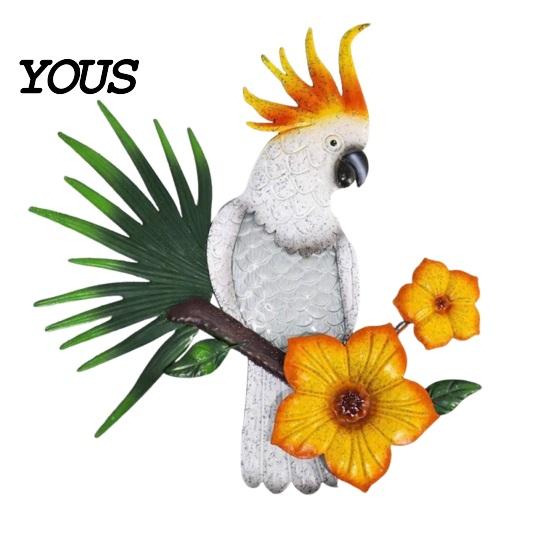 Rust-proof Garden Hanging Metal Parrots Wall Art Decor, Bird Parrot Flower Leaf Decor Pendant, Outdoor Tropical Ornament,