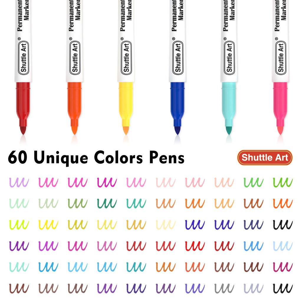 Shuttle Art Permanent Color Marker Fine 60 Quick Water for Coloring Writing and Notebooks Markers, Pens, Set, Point, Colors, Drying, Resistant, Kids,