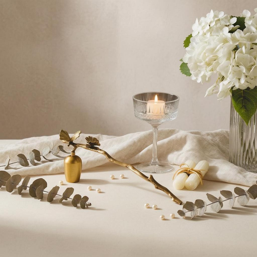 Ginkgo Leaf Candle Butterfly Accents Brass Long Handle