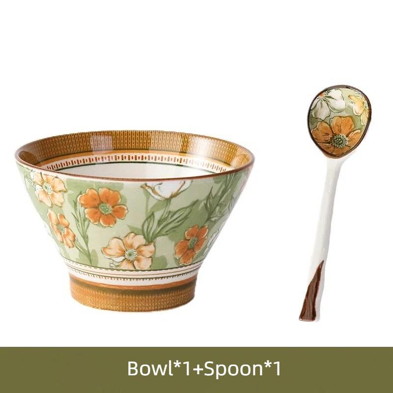 5 Inch Underglaze Ceramic Rice Bowl with Spoon Traditional Dessert Bowl