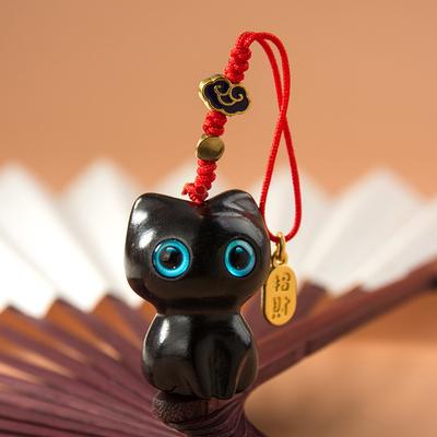 1Pc Sandalwood Wooden Cat Keychain Cute Mobile Phone Chain Wooden Pendant Personality Creative Accessories Hand-Knitted