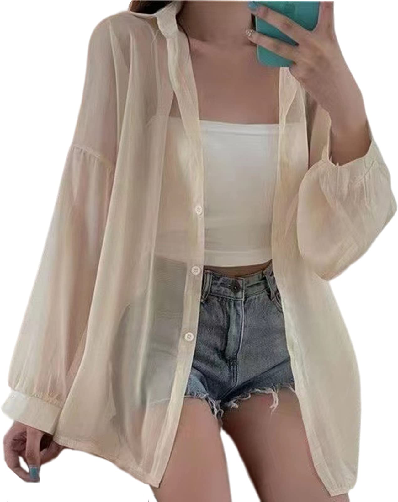 

Прозрачная прохладная и корейская длинная плотная многослойная весенняя однотонная гавайская [J.STORE] женская рубашка, летний/весенний топ, прозрачная, быстросохнущая, стильная, рукав, милая, бежевый