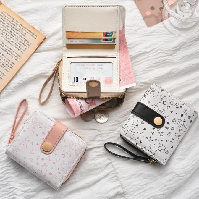 Japanische Niedliche Kätzchen Damen Kurze Geldbörse mit Reißverschluss Münzfach und Kartenhalter