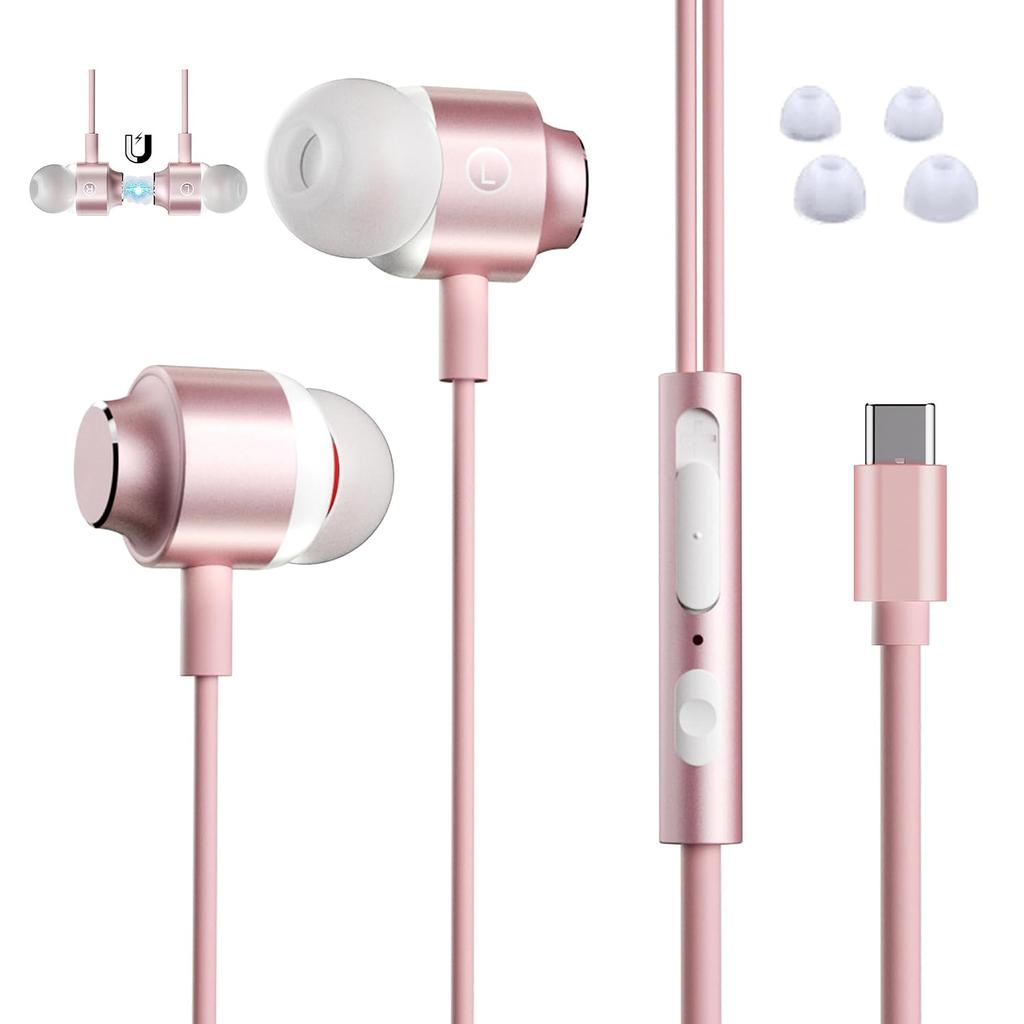 Wired Earphones Type-C Gaming Hi-Fi Sound Quality USB-C Microphone Volume Control Deep Bass Call Capability Compatible iPhone Android Galaxy iPad Etc.
