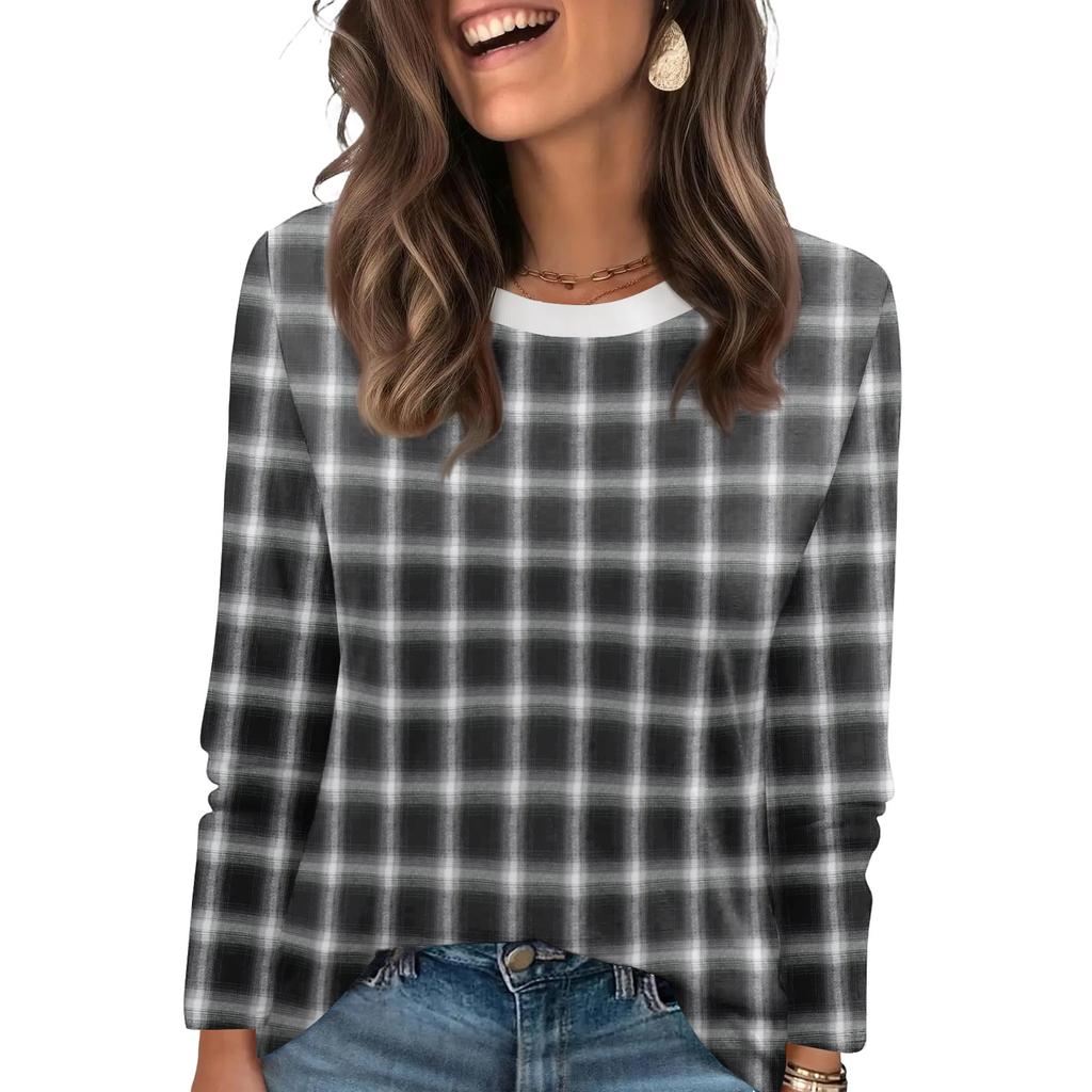 Ladies' Plaid Printed Fashionable Casual Round Neck Long Sleeved Round Neck Top