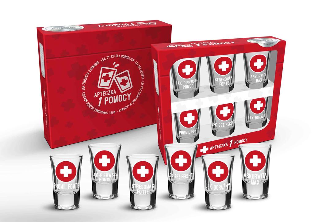 6 glasses. FIRST AID KIT 35ml. SHOT ON