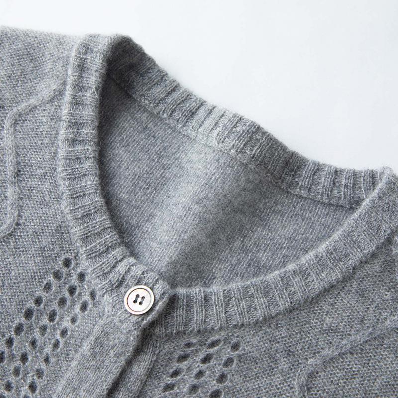 Pure Cashmere Women's V-Neck Cardigan with Elegant Hollow Diamond Pattern for Autumn/Winter