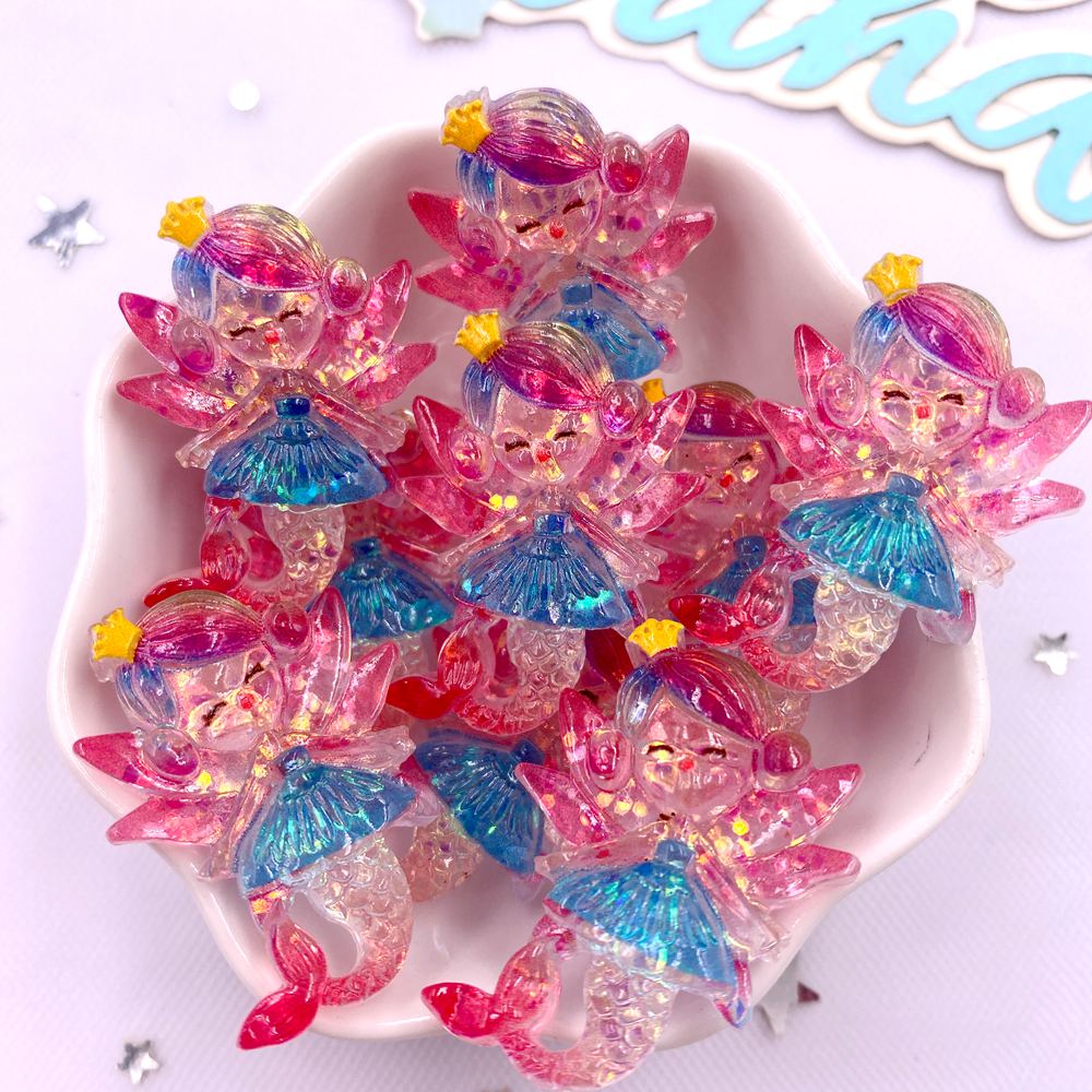 Resin Colorful Cartoon Glitter Mermaid Princess Girl Flatback Christmas Figurines 10PCS Scrapbook DIY Bow Accessory Decor Crafts