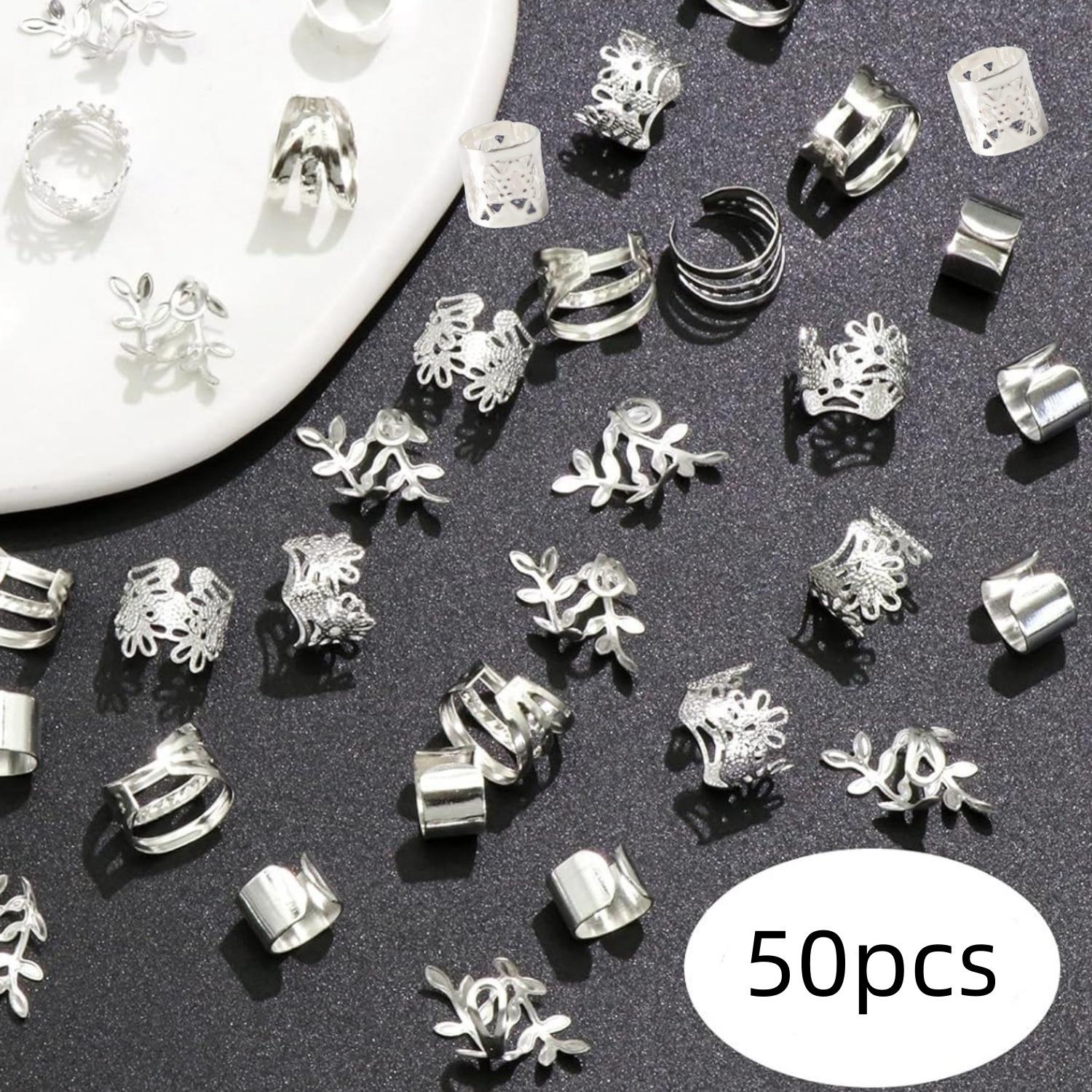 

50PCS Hollow Dirty Braided Hair Rings Vintage Style Alloy Hair Rings Set - Hollow Out Round Hair Accessories for Women and Girls, серебряный