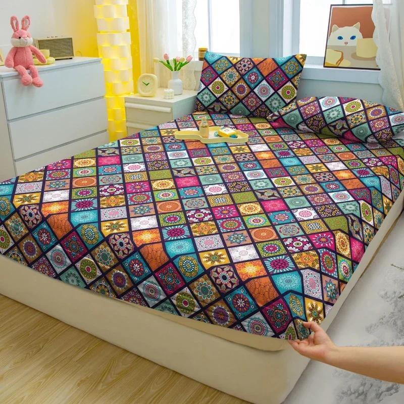 Simple 3-Piece Modern Bohemia Pattern Matte Three Piece Fitted Sheet Set, Bedroom Printed Bed Cover Set, Bedding