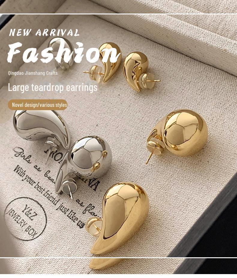 Elegant Metal Water Drop Earrings: Cold Style, Luxurious Gloss, High-End Niche Design