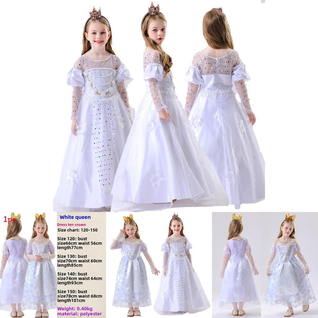 White Queen Costume For Children With Polyester Fabric For Theatrical Performances