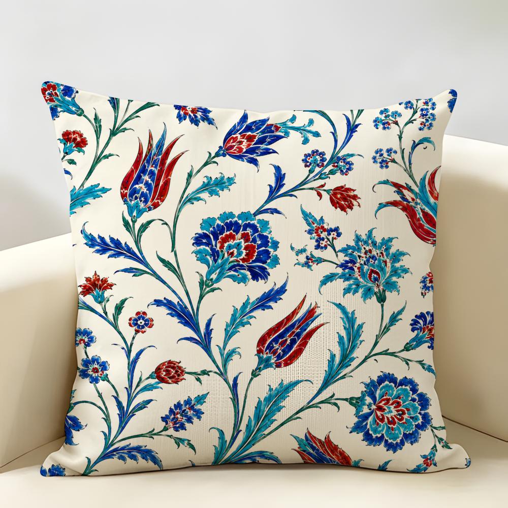 Blue Red Ottoman Style Cushion Cover Natural Linen Organic Fabric Double-Sided Printing Breathable Perfect For Home Decor