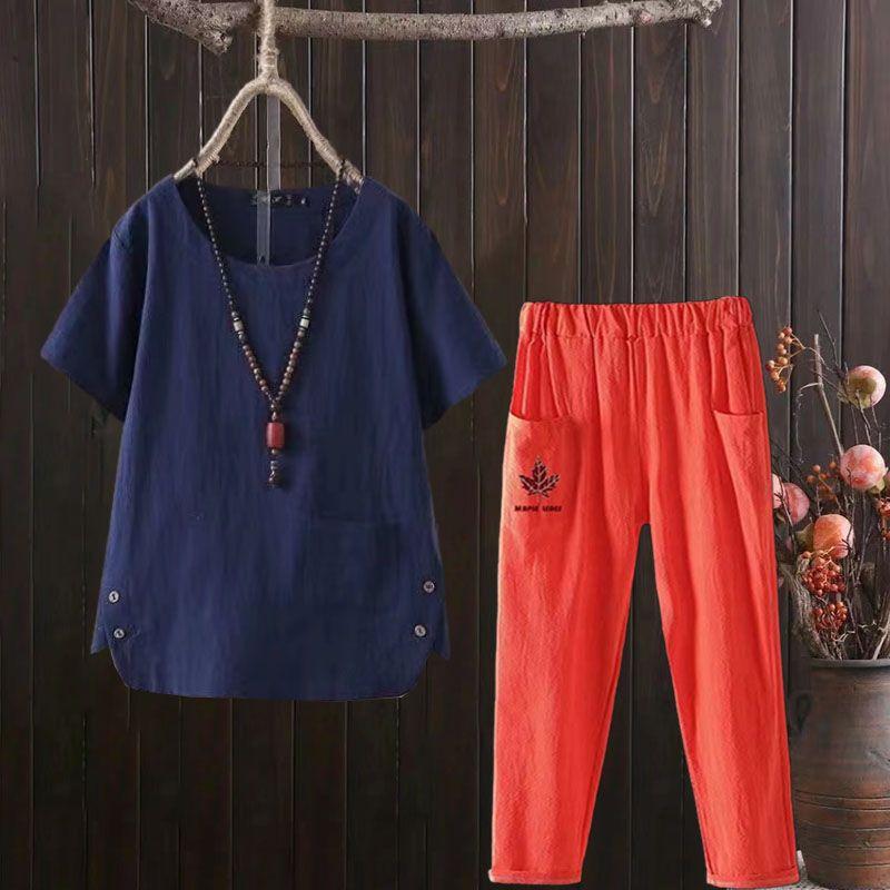 2pcs Cotton Linen Pants Suits Summer Women's Round Neck Cotton Linen Blouse Elastic Waist Cotton Linen Harem Pants Two-Piece Set Casual  Outfits