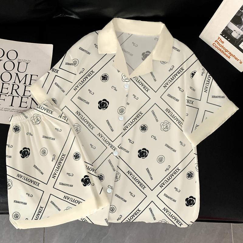High-End Letter Ice Silk Pajamas Women'S Summer Small Fragrant Wind Flower Short-Sleeved Loungewear Set