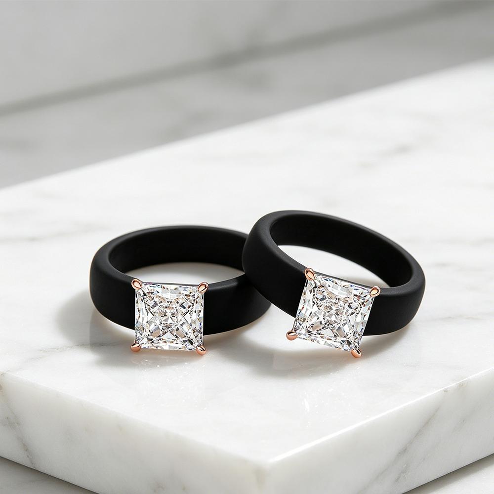 Princess Cut CZ Diamond Black Silicone Ring Set, 18K Rose Gold Plated Prong, Non-Toxic Wide Rubber Stackable Ring, Minimalist Ae