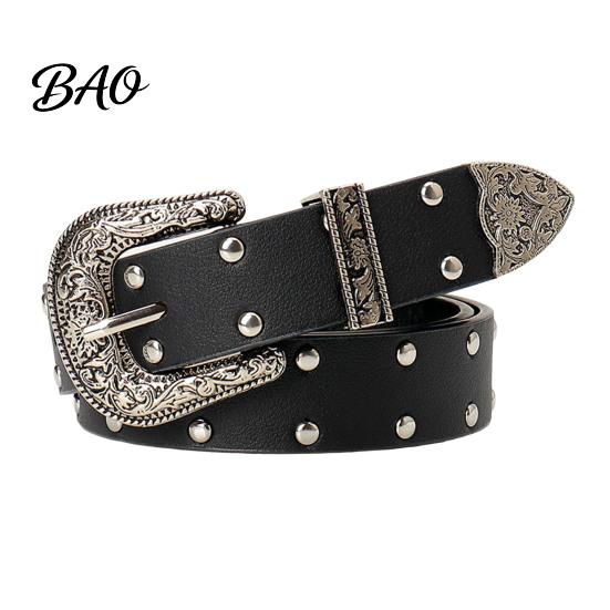 Durable Imitation Leather Belt 105cm Retro Rivet for Women, Adjustable Waist with Double Hot Girl Style Row Grommets & Carved Alloy Buckle, Edgy Jean