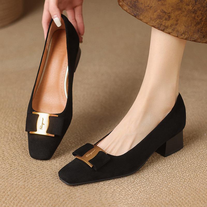 New Comfortable Suede Single Shoes Women's Foot Cover One Pedal Casual Solid Color Square Head Medium Heel Large Size Shoes Square Heel Single Shoes