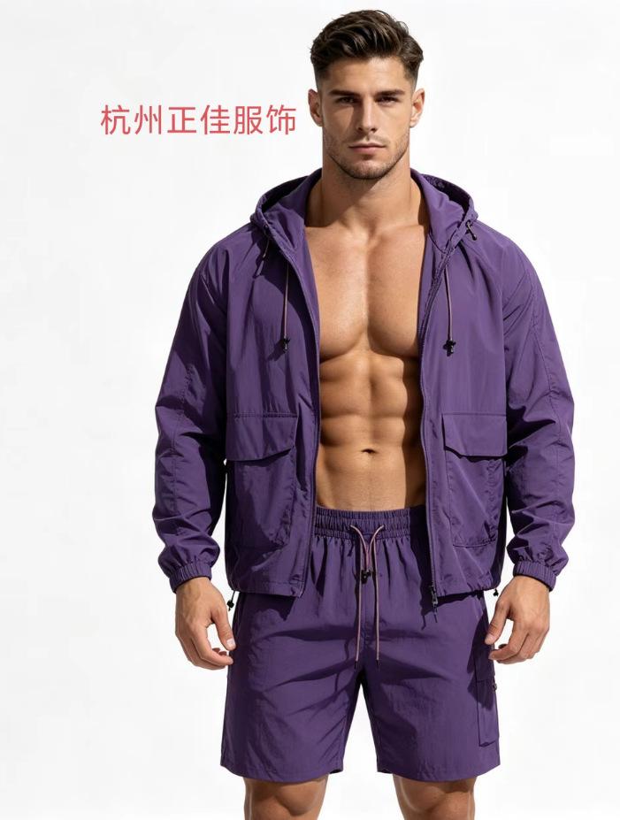 Conjunto de Dos Piezas para Hombre con Sudadera con Capucha, Chaqueta Protectora del Sol y Pantalones Cortos