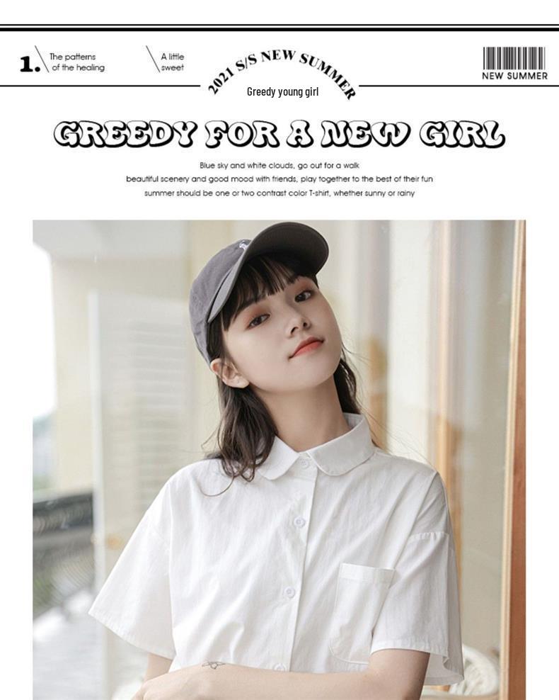 White Women's Summer Japanese Loose-Fit Student Uniform Shirt with Doll Collar Design
