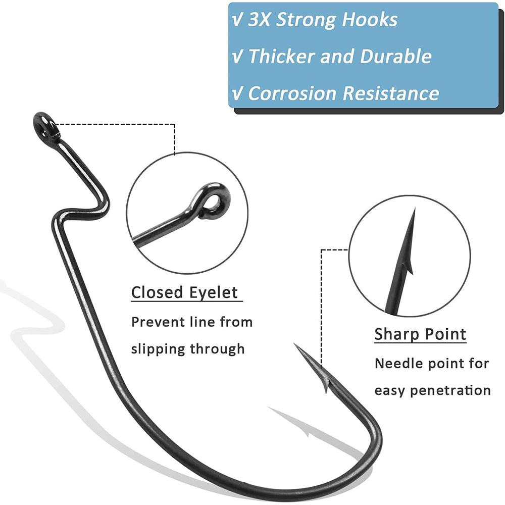 50Pcs Bass Fishing Worm Hooks Kit High Carbon Steel Offset Bass Fishing Hooks for Bass Trout Saltwater Freshwater Fishing Tackle