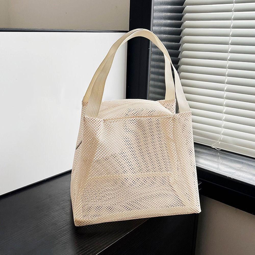 Reusable Casual Mesh Tote Beach Bag Large Capacity Portable Toiltery Makeup Bag Zipper Solid Color Cosmetic Zipper Pouch Travel