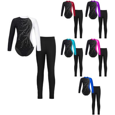 Kinder Mädchen Kinder Biketard Gymnastik Langarm Kontrastfarbe Trikots mit Leggings für Tanz Skaten